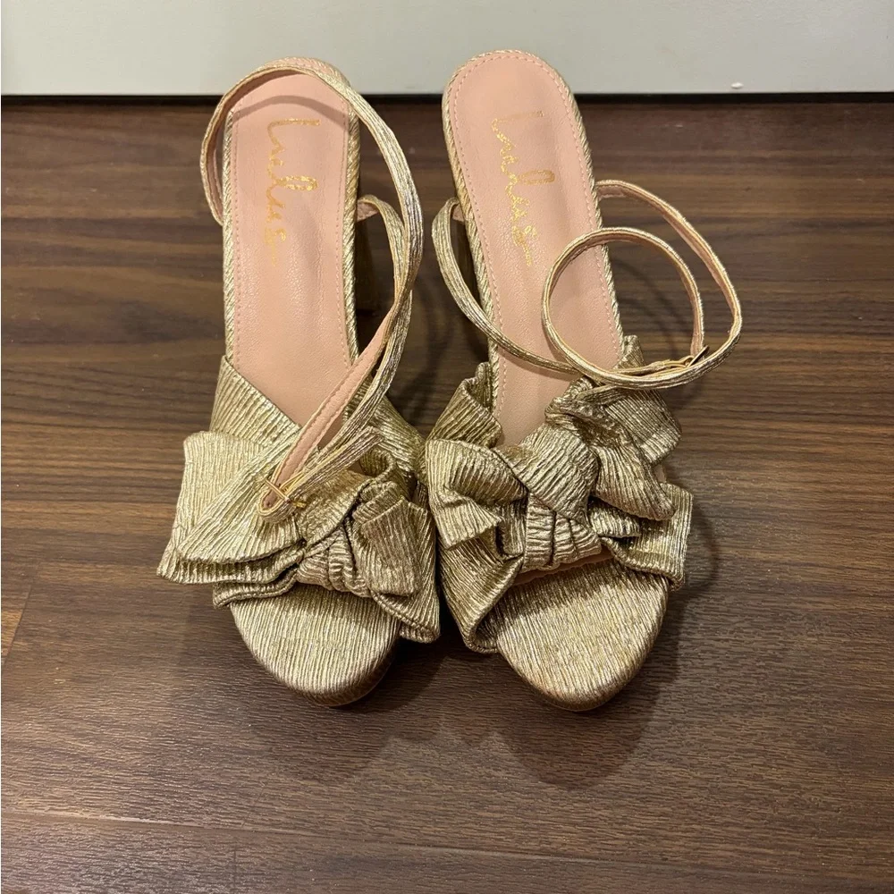 Lulus Lilsa Gold Metallic Bow Platform Ankle Strap Heels - Picture 2 of 6